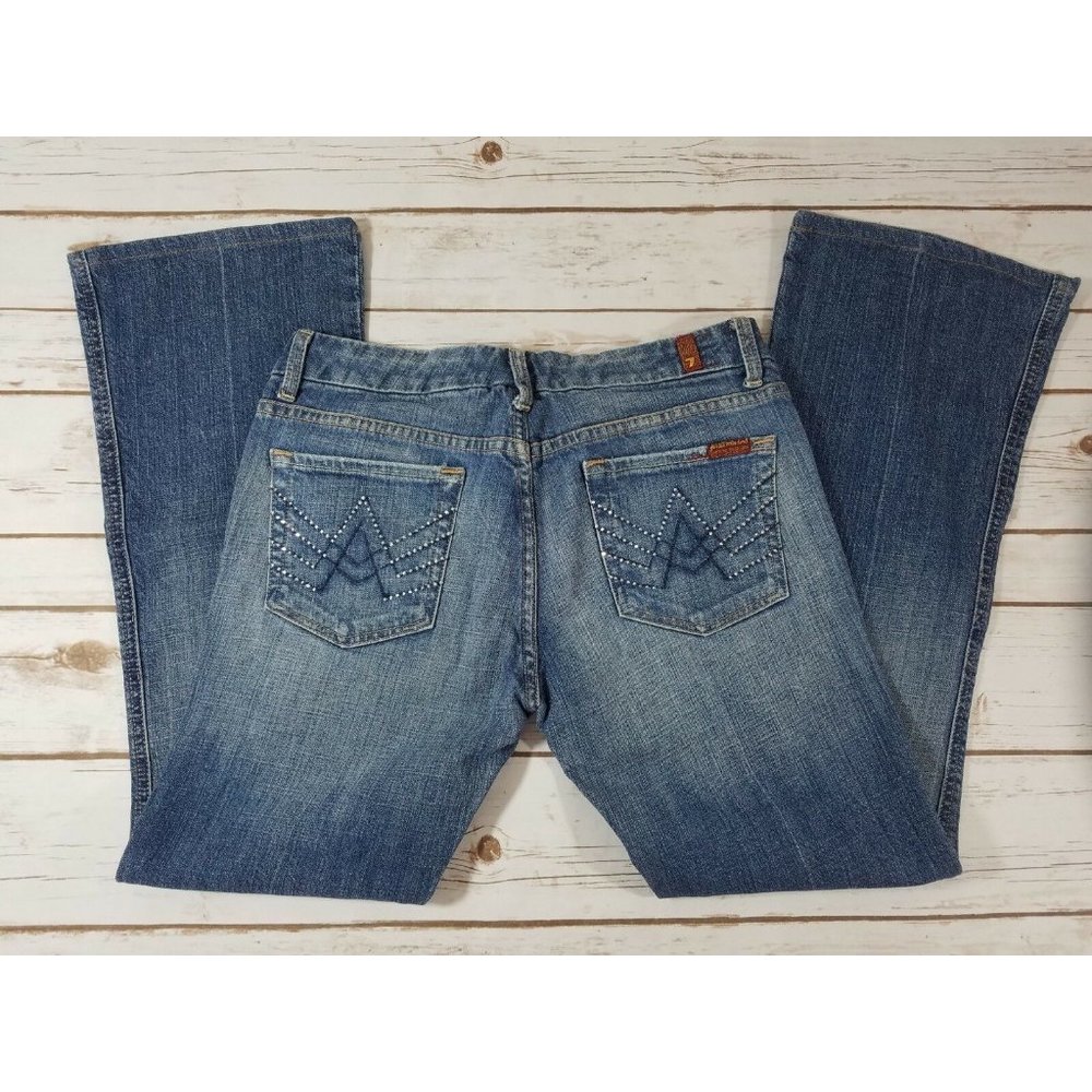 7 For All Mankind Women's A-Pocket Jeans 28 Blue Medium Wash Rhinestone Crystal